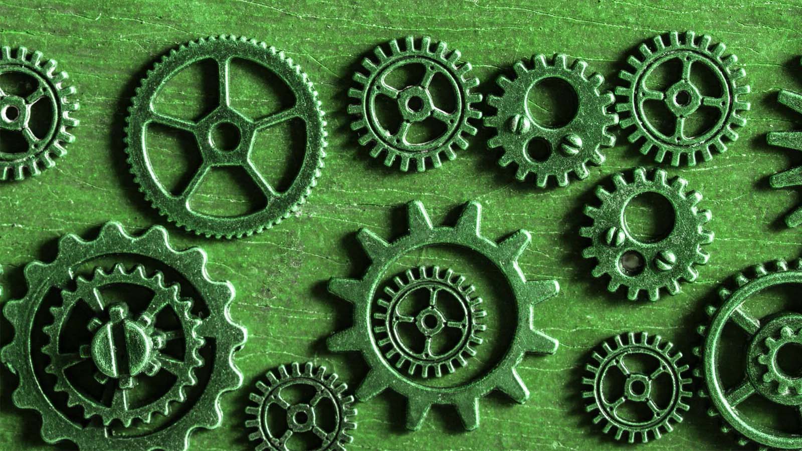Close-up of brass mechanical cogs