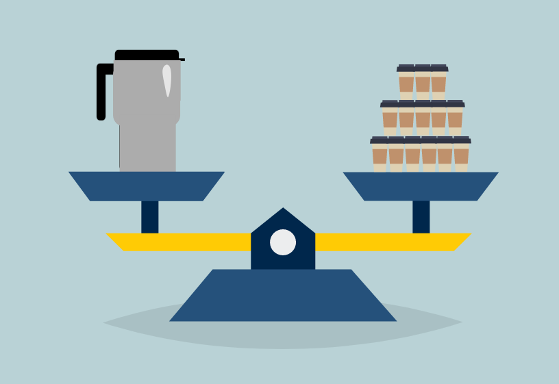 A scale balancing one reusable thermos against a stack of disposable cups